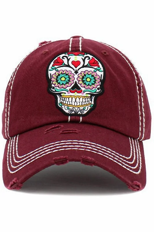 Sugar Skull Embroidered Distressed Cap In Maroon