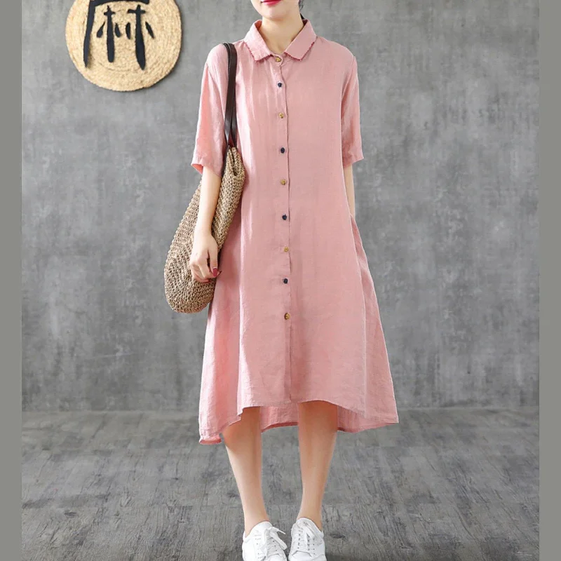 French pink linen dresses lapel Button Down cotton Dresses